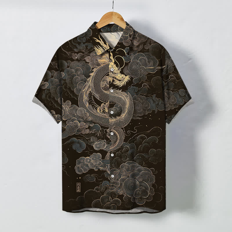 Buddha Stones Golden Dragon Cloud Pattern Buttons Wrinkle-resistant Men's Short Sleeve Shirt - Black - US/UK/AU48，EU58 (4XL) - image 0