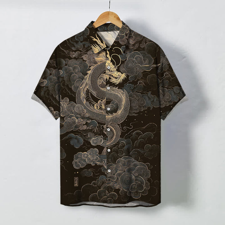 Buddha Stones Golden Dragon Cloud Pattern Buttons Wrinkle-resistant Men's Short Sleeve Shirt - Black - US/UK/AU48，EU58 (4XL) - image 0
