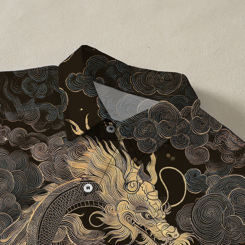 Buddha Stones Golden Dragon Cloud Pattern Buttons Wrinkle-resistant Men's Short Sleeve Shirt - image 2