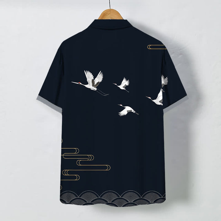 Buddha Stones Crane Gold Wave Pattern Buttons Breathable Men's Short Sleeve Shirt - image 1