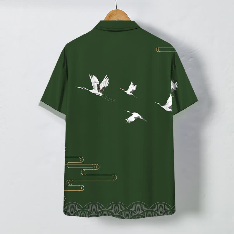 Buddha Stones Crane Gold Wave Pattern Buttons Breathable Men's Short Sleeve Shirt - image 8