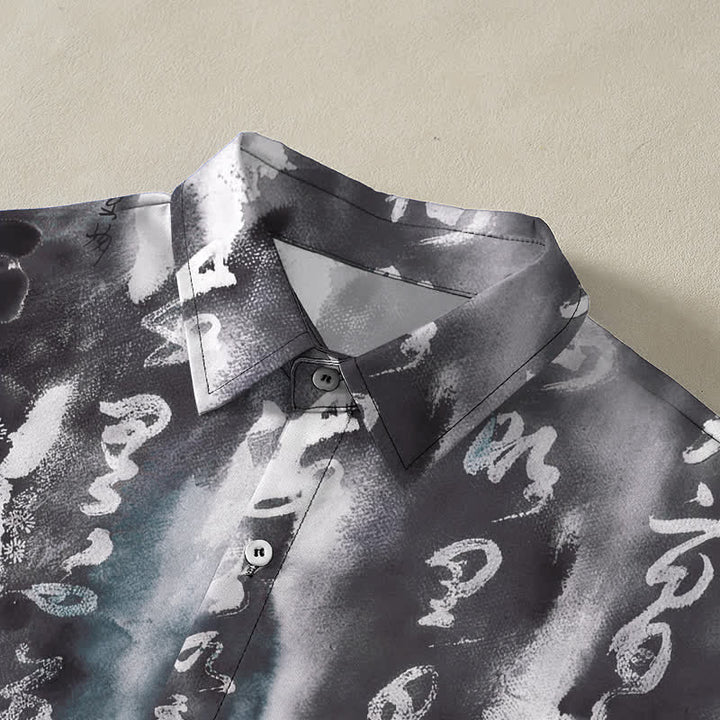 Buddha Stones Calligraphy Floral Pattern Buttons Breathable Men's Short Sleeve Shirt - image 2