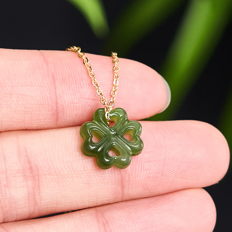Buddha Stones Jade Four Leaf Clover Luck Hand Carved Pendant Necklace - image 3