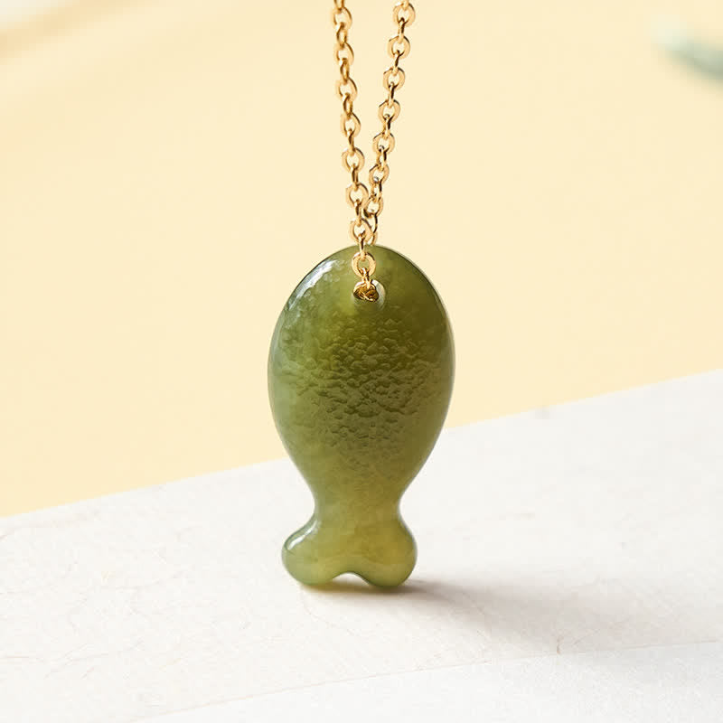 Buddha Stones Jade Little Fish Luck Hand Carved Pendant Necklace - Natural Jade(Color May Vary) - 925 Sterling Silver(Blessing♥Calm) - Light Green - image 0
