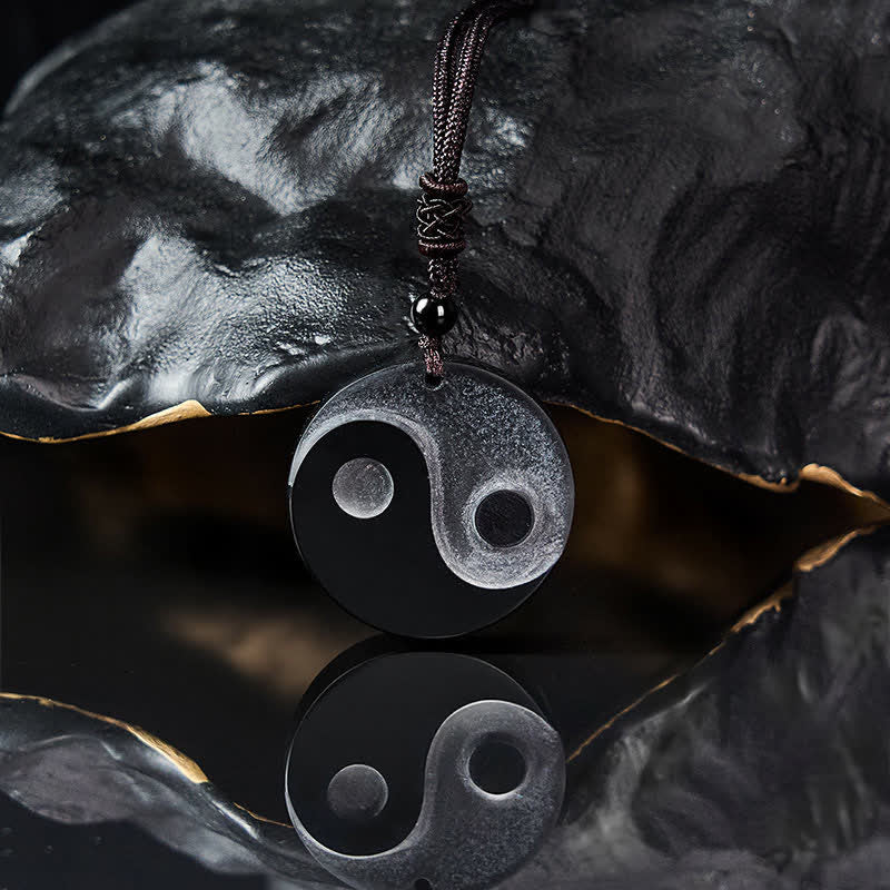 Buddha Stones Black Obsidian Yin Yang Balance Round Pendant Necklace - image 3