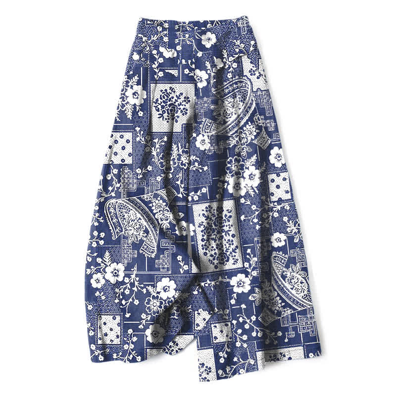 Buddha Stones Cotton Linen Vintage Floral Geometric Patchwork Pattern Women's Elastic Waist Wide Leg Pants With Pockets - Navy - US16，UK/AU20，EU48 (3XL) - image 0