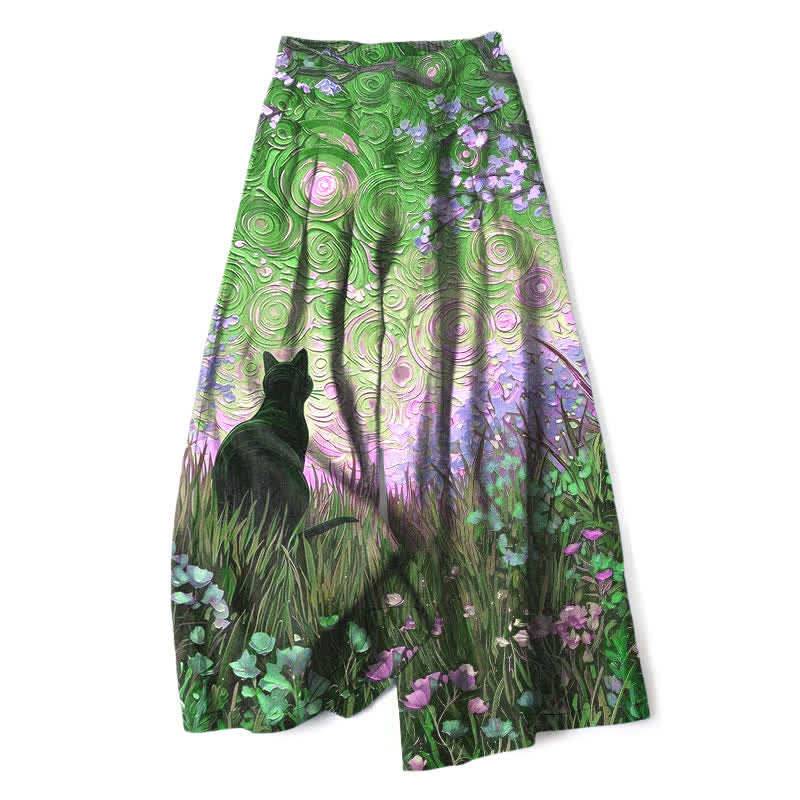 Buddha Stones Cotton Linen Enchanted Forest Black Cat Pattern Women's Elastic Waist Wide Leg Pants With Pockets - ForestGreen - US16，UK/AU20，EU48 (3XL) - image 6