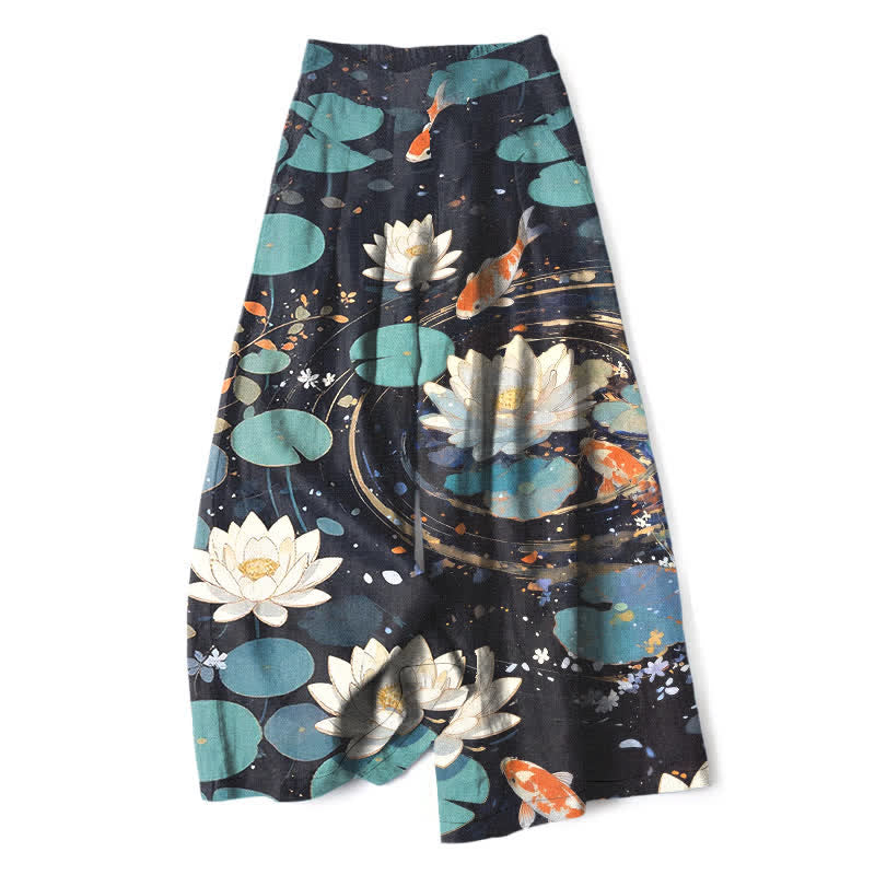 Buddha Stones Cotton Linen Lotus Koi Fish Pattern Women's Elastic Waist Wide Leg Pants With Pockets - Black - US16，UK/AU20，EU48 (3XL) - image 0