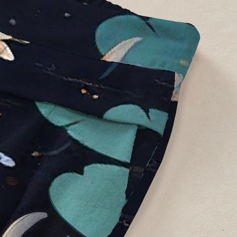 Buddha Stones Cotton Linen Lotus Koi Fish Pattern Women's Elastic Waist Wide Leg Pants With Pockets - image 2