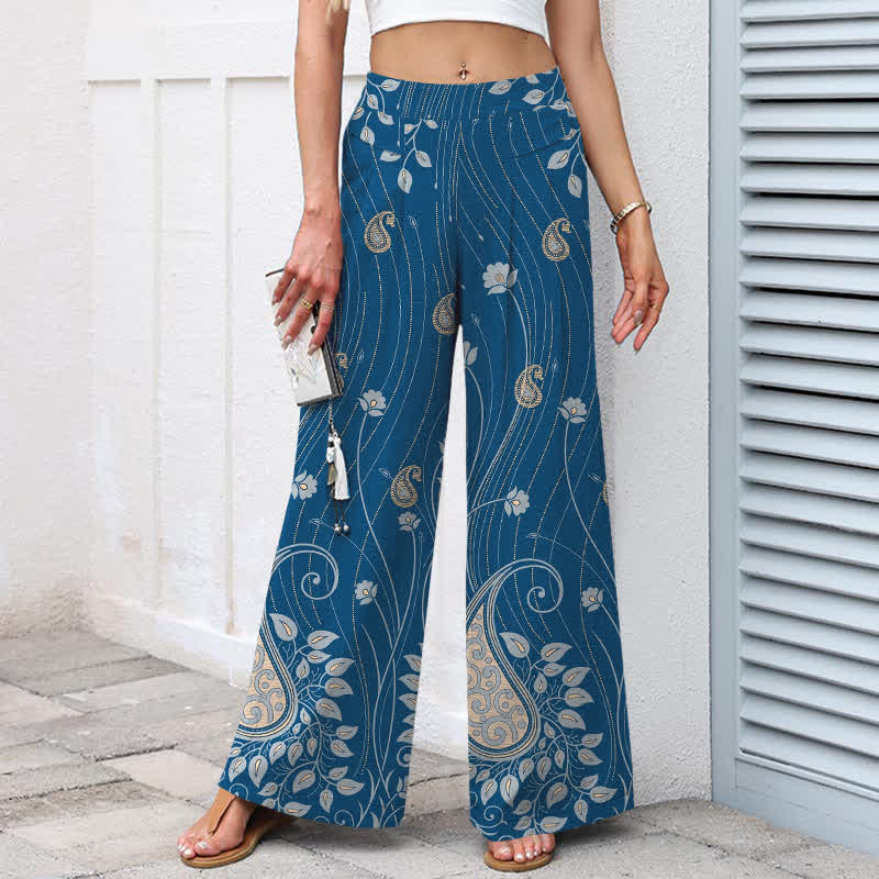 Buddha Stones Cotton Linen Paisley Floral Lines Pattern Women's Elastic Waist Wide Leg Pants With Pockets - image 1