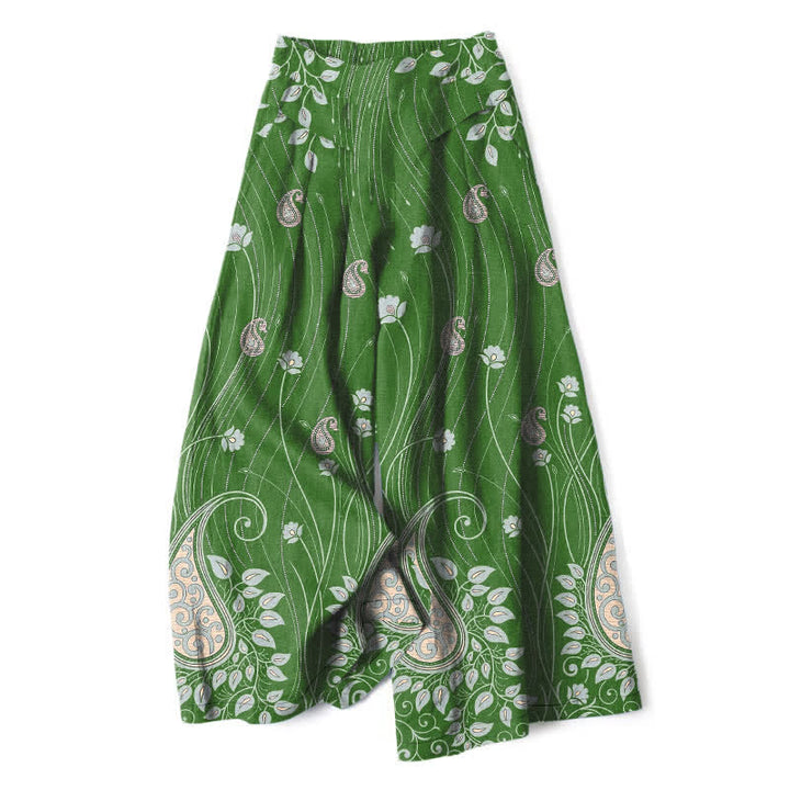 Buddha Stones Cotton Linen Paisley Floral Lines Pattern Women's Elastic Waist Wide Leg Pants With Pockets - ForestGreen - US16，UK/AU20，EU48 (3XL) - image 6