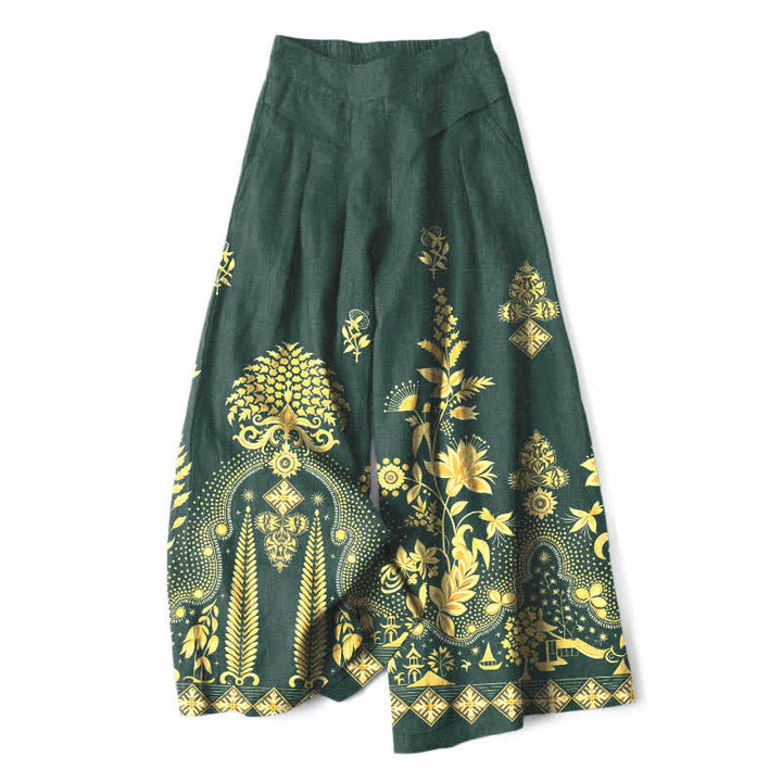 Buddha Stones Cotton Linen Bohemian Golden Floral Pattern Women's Elastic Waist Wide Leg Pants With Pockets - DarkGreen - US16，UK/AU20，EU48 (3XL) - image 0