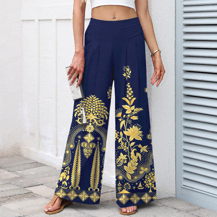 Buddha Stones Cotton Linen Bohemian Golden Floral Pattern Women's Elastic Waist Wide Leg Pants With Pockets - image 7