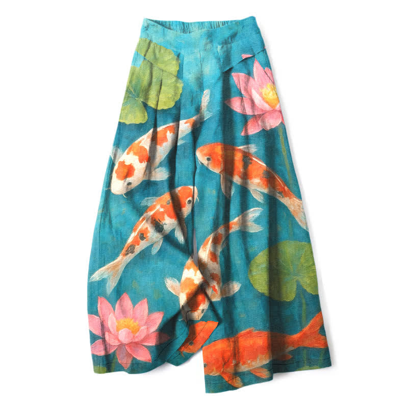 Buddha Stones Cotton Linen Red White Koi Fish Pink Lotus Pattern Women's Elastic Waist Wide Leg Pants With Pockets - DarkTurquoise - US16，UK/AU20，EU48 (3XL) - image 0