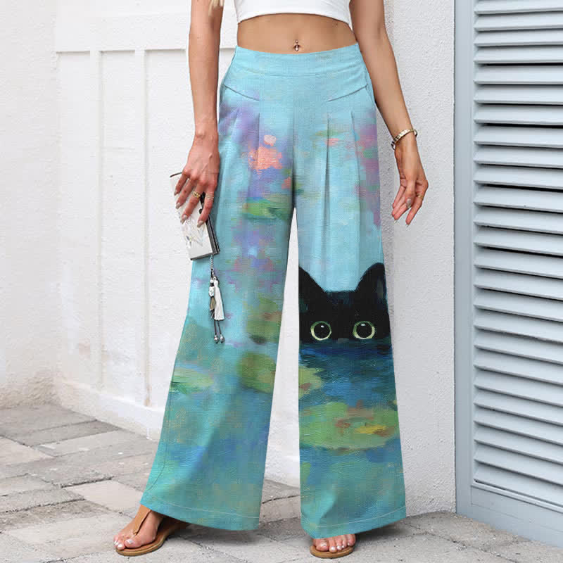 Buddha Stones Cotton Linen Playful Black Cat Lotus Pond Pattern Women's Elastic Waist Wide Leg Pants With Pockets - image 1