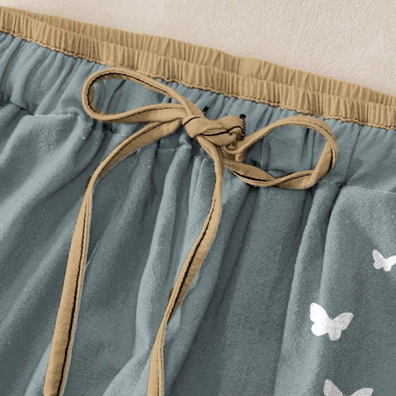 Buddha Stones Pure Cotton White Butterfly Pattern Women's Elastic Waist Pants With Pockets - image 1