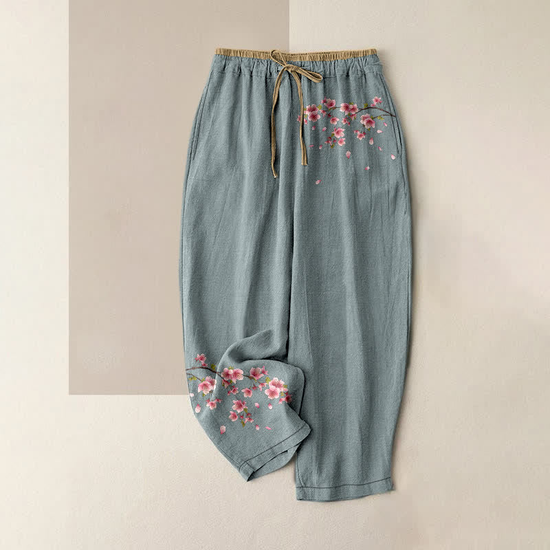 Buddha Stones Pure Cotton Pink Blossom Pattern Women's Elastic Waist Pants With Pockets - LightBlue - US16，UK/AU20，EU48 (3XL) - image 4