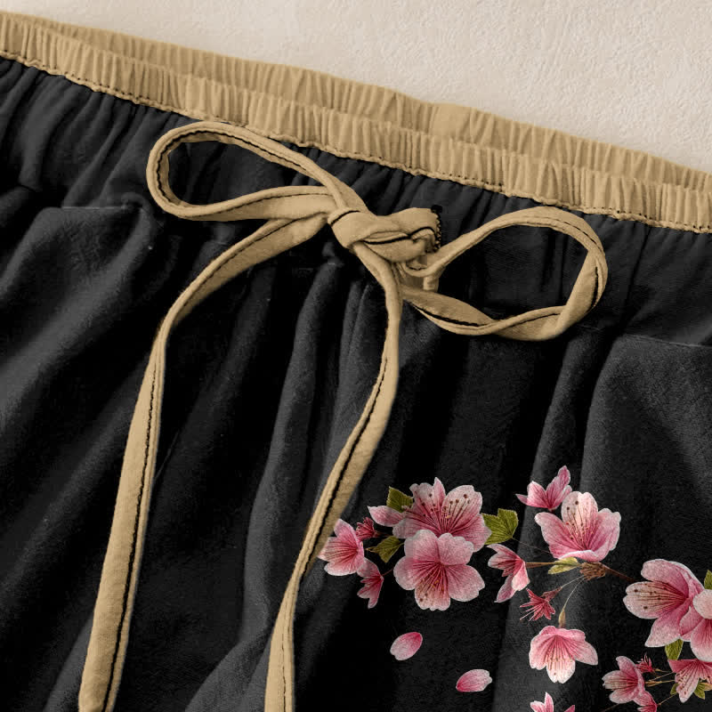 Buddha Stones Pure Cotton Pink Blossom Pattern Women's Elastic Waist Pants With Pockets - image 1