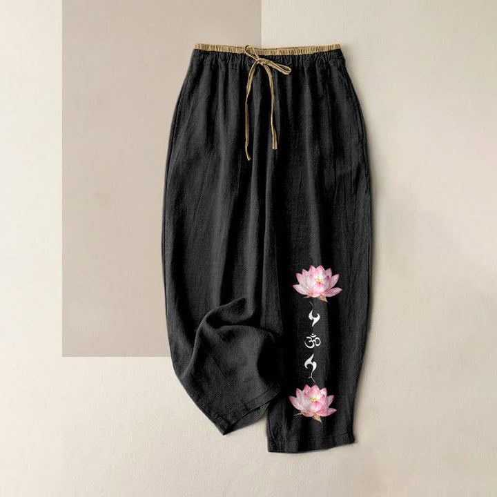 Buddha Stones Pure Cotton Pink Lotus OM Zen Pattern Women's Elastic Waist Pants With Pockets - Black - US16，UK/AU20，EU48 (3XL) - image 4