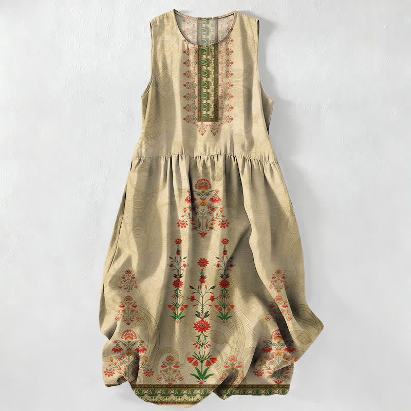 Buddha Stones Summer Casual Vintage Geometry Small Red Floral Pattern Women's Summer Sleeveless Midi Dress With Pockets - PaleGoldenrod - US16，UK/AU20，EU48 (3XL) - image 4