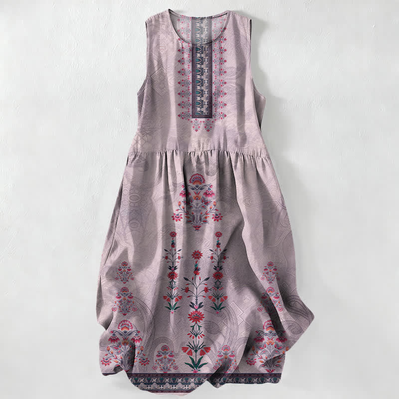 Buddha Stones Summer Casual Vintage Geometry Small Red Floral Pattern Women's Summer Sleeveless Midi Dress With Pockets - Thistle - US16，UK/AU20，EU48 (3XL) - image 5