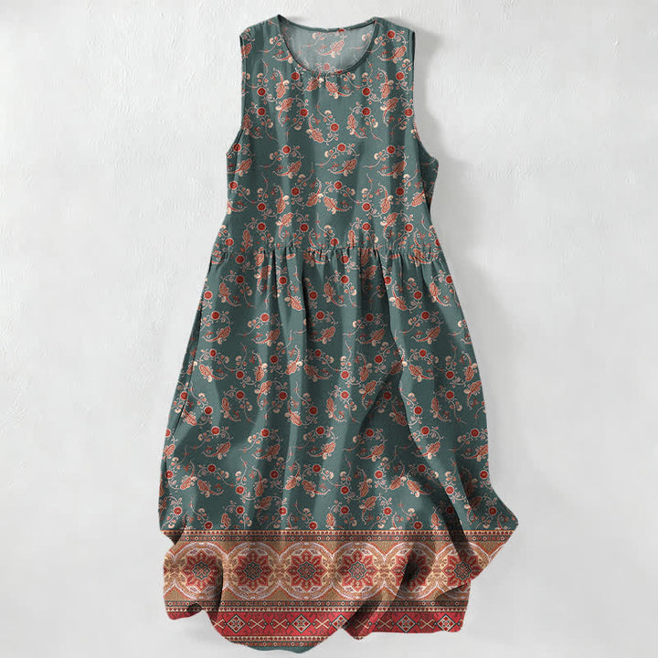 Buddha Stones Summer Casual Vintage Floral Border Pattern Women's Summer Sleeveless Midi Dress With Pockets - SeaGreen - US16，UK/AU20，EU48 (3XL) - image 4