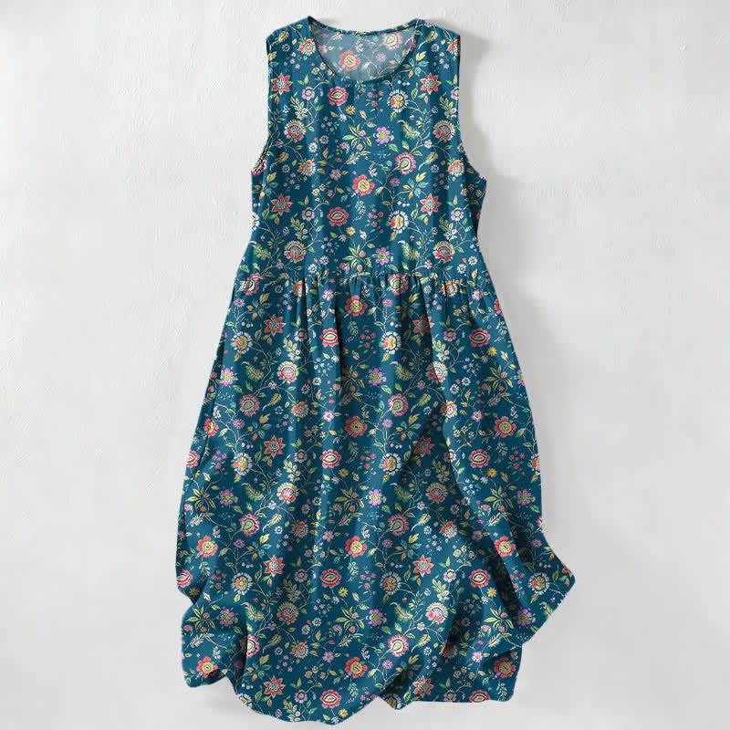Buddha Stones Summer Casual Vintage Wildflower Leaves Pattern Women's Summer Sleeveless Midi Dress With Pockets - SteelBlue - US16，UK/AU20，EU48 (3XL) - image 0