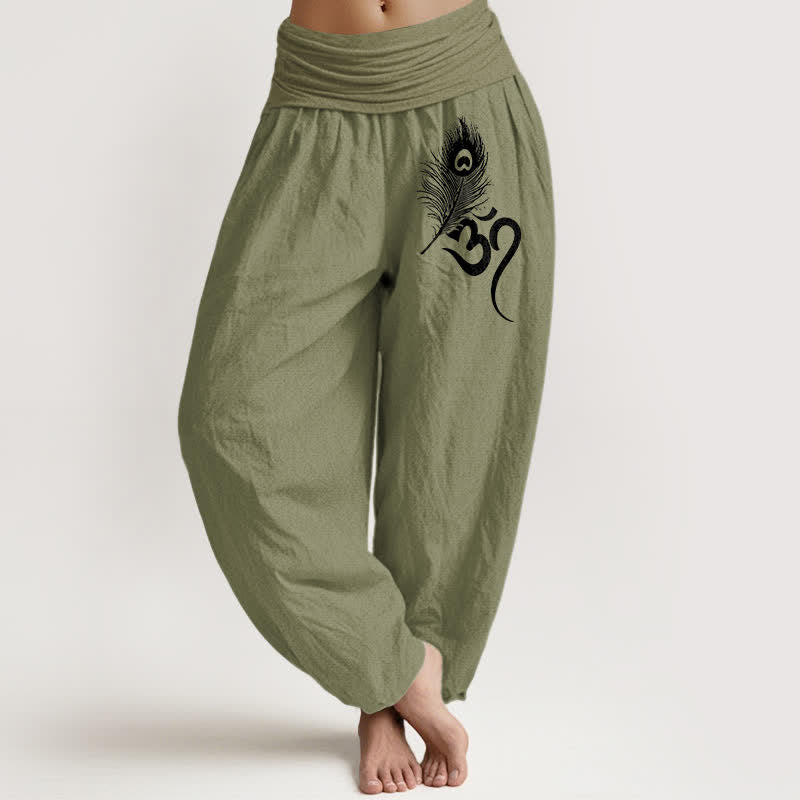 Buddha Stones Pure Cotton Om Feather Pattern Women's Elastic Waist Harem Pants - OliveDrab - US16，UK/AU20，EU48 (3XL) - image 11