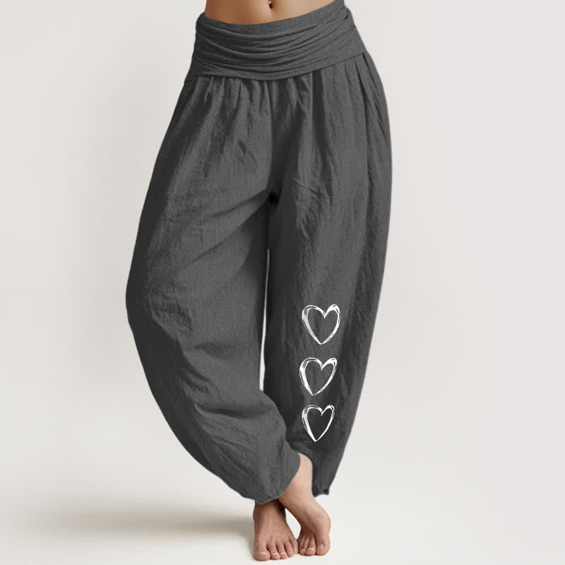 Buddha Stones Pure Cotton Three Love Heart Pattern Women's Elastic Waist Harem Pants - DimGray - US16，UK/AU20，EU48 (3XL) - image 8