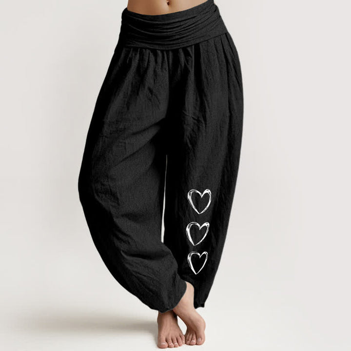 Buddha Stones Pure Cotton Three Love Heart Pattern Women's Elastic Waist Harem Pants - Black - US16，UK/AU20，EU48 (3XL) - image 0