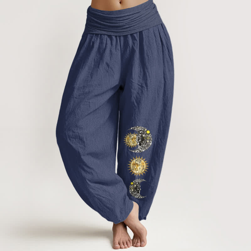 Buddha Stones Pure Cotton Sun and Moon Pattern Women's Elastic Waist Harem Pants - DarkSlateBlue - US16，UK/AU20，EU48 (3XL) - image 5