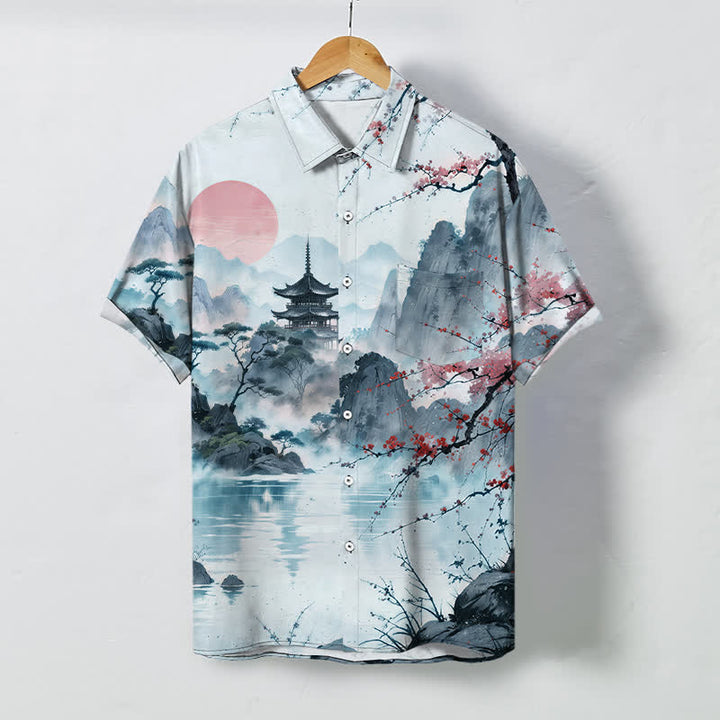 Buddha Stones Ink Landscape Pavilion Blossom Pattern Buttons Breathable Men's Short Sleeve Shirt - LightBlue - US/UK/AU48，EU58 (4XL) - image 5