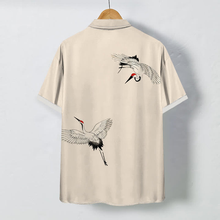 Buddha Stones Soaring White Crane Pattern Buttons Breathable Men's Short Sleeve Shirt - image 6