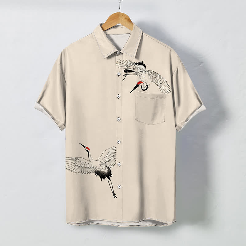 Buddha Stones Soaring White Crane Pattern Buttons Breathable Men's Short Sleeve Shirt - Beige - US/UK/AU48，EU58 (4XL) - image 5