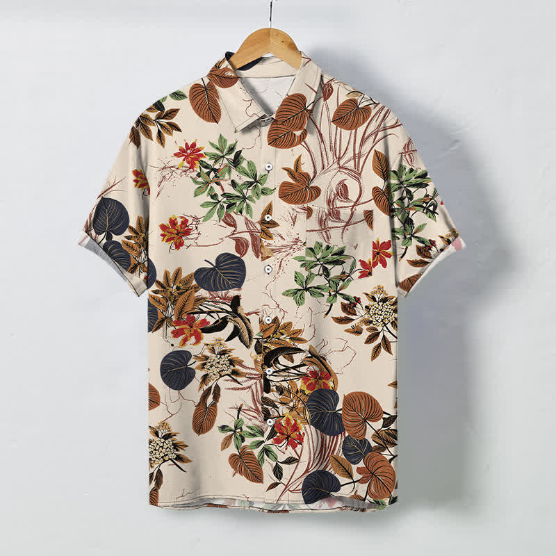 Buddha Stones Tropical Floral Leaf Pattern Buttons Breathable Men's Short Sleeve Shirt - Linen - US/UK/AU48，EU58 (4XL) - image 0