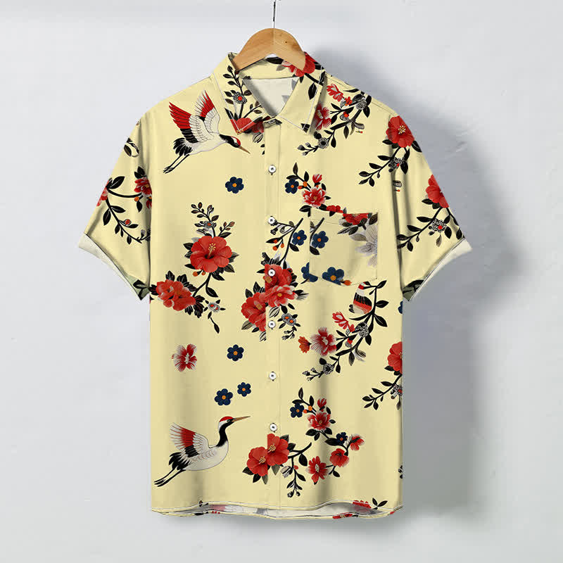 Buddha Stones Crane Blossom Branch Pattern Buttons Breathable Men's Short Sleeve Shirt - PaleGoldenrod - US/UK/AU48，EU58 (4XL) - image 0