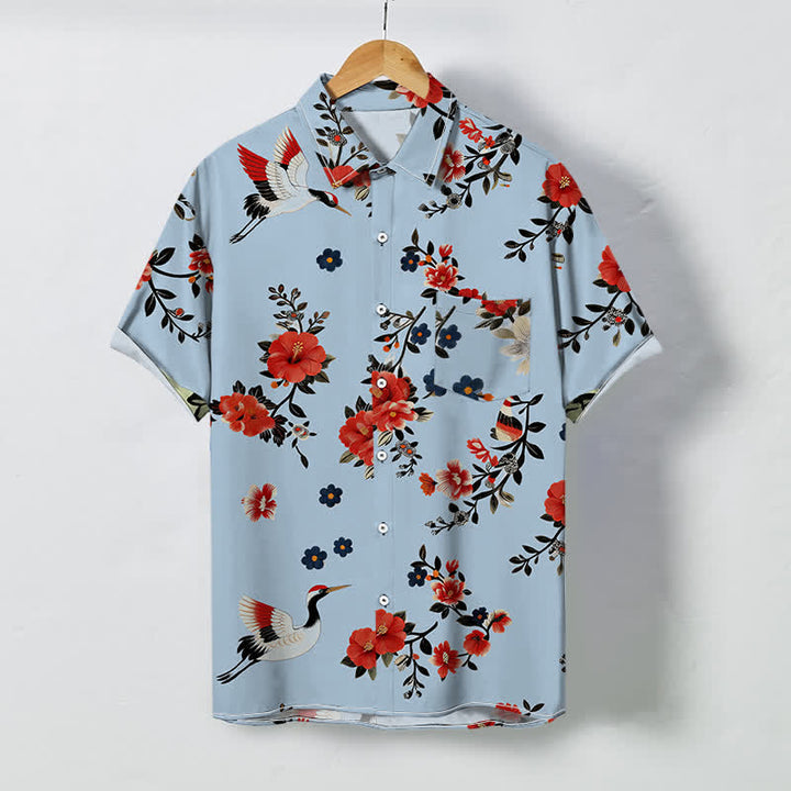 Buddha Stones Crane Blossom Branch Pattern Buttons Breathable Men's Short Sleeve Shirt - LightBlue - US/UK/AU48，EU58 (4XL) - image 3