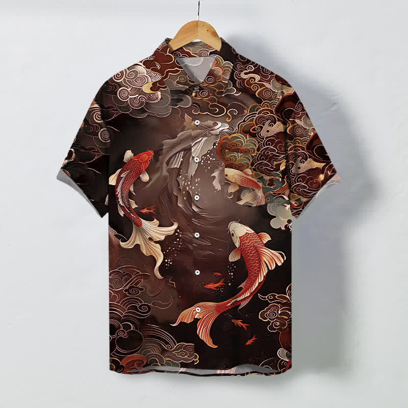 Buddha Stones Vintage Koi Fish Wave Cloud Pattern Buttons Breathable Men's Short Sleeve Shirt - SaddleBrown - US/UK/AU48，EU58 (4XL) - image 5