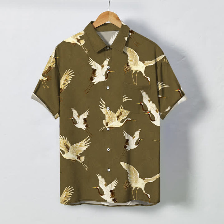 Buddha Stones White Crane Bird Pattern Buttons Breathable Men's Short Sleeve Shirt - DarkOliveGreen - US/UK/AU48，EU58 (4XL) - image 5