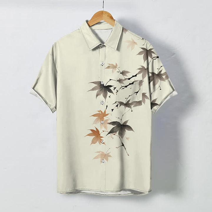 Buddha Stones Autumn Maple Branch Pattern Buttons Breathable Men's Short Sleeve Shirt - Beige - US/UK/AU48，EU58 (4XL) - image 0