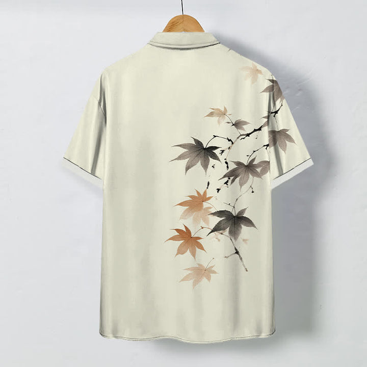Buddha Stones Autumn Maple Branch Pattern Buttons Breathable Men's Short Sleeve Shirt - image 1