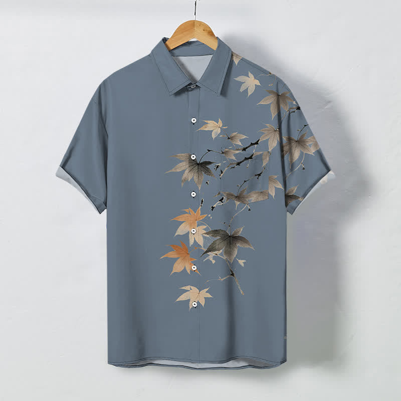 Buddha Stones Autumn Maple Branch Pattern Buttons Breathable Men's Short Sleeve Shirt - LightSteelBlue - US/UK/AU48，EU58 (4XL) - image 5