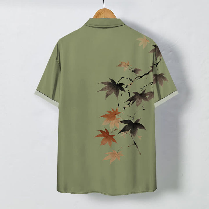 Buddha Stones Autumn Maple Branch Pattern Buttons Breathable Men's Short Sleeve Shirt - image 8