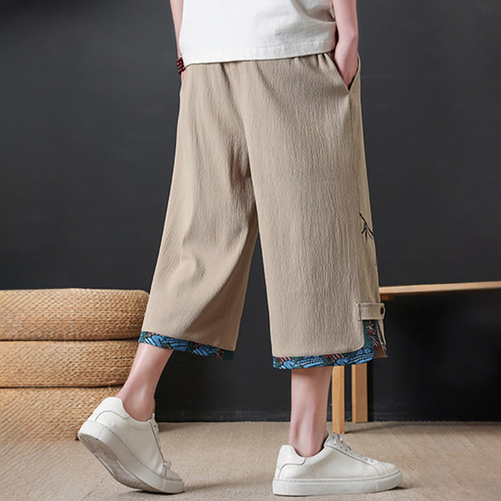 Buddha Stones Summer Tang Style Casual Drawstring Bamboo Print Half Pants Men's Straight Leg Pants With Pocket - image 11