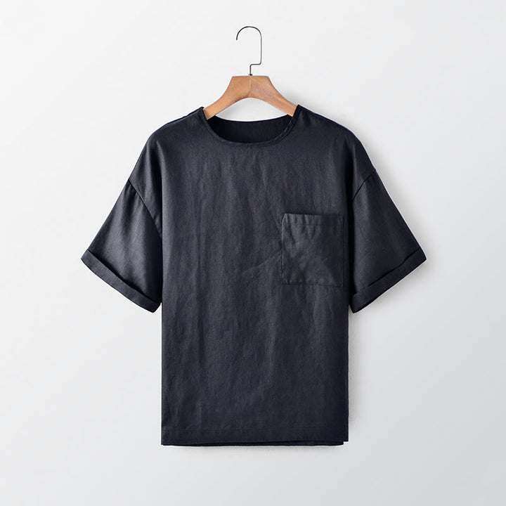 Buddha Stones Summer Casual Minimalist Solid Crew Neck Men's Short Sleeve T-Shirts With Patch Pocket - Black - US/UK/AU44, EU54 (3XL) - image 0