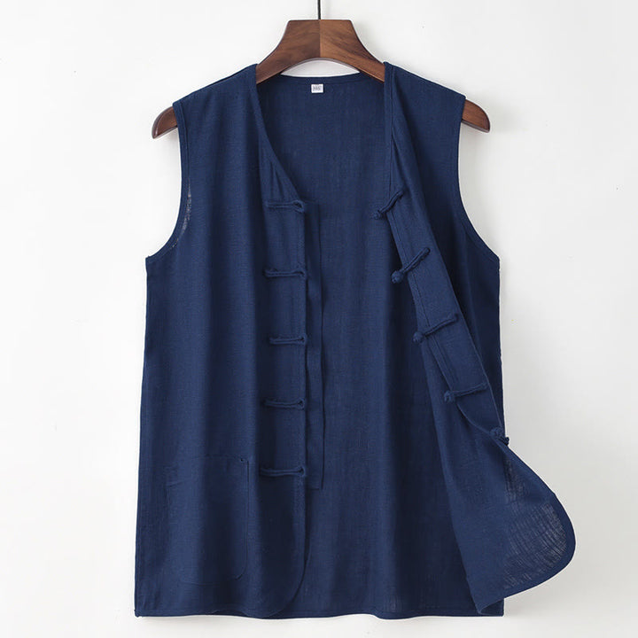 Buddha Stones Summer Tang Style Casual Frog Button Solid Tank Top Men's Sleeveless Shirts With Pocket - Navy - US/UK/AU48, EU58 (4XL) - image 0