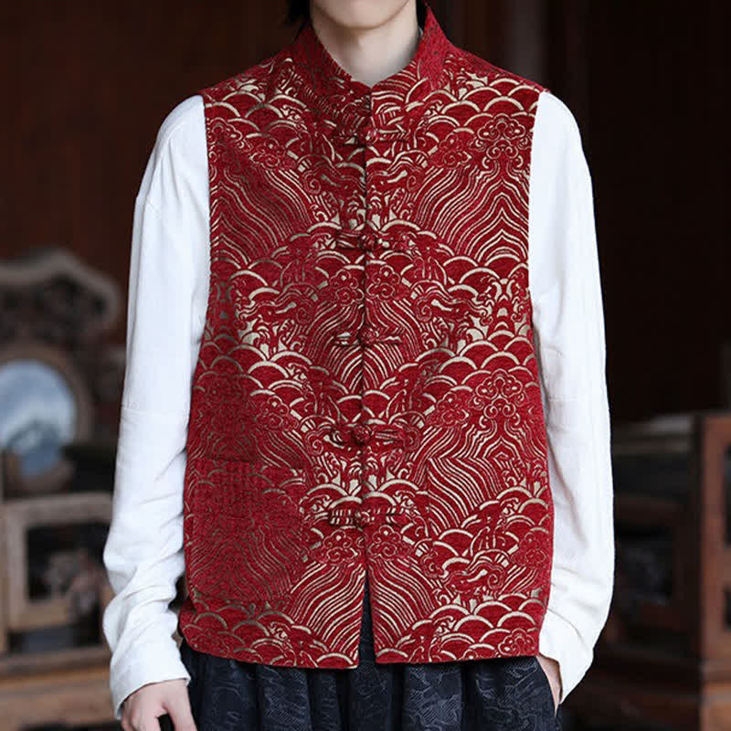 Buddha Stones Fall Tang Style Vintage Mandarin Collar Frog Button Abstract Jacquard Men's Sleeveless Shirts - image 15