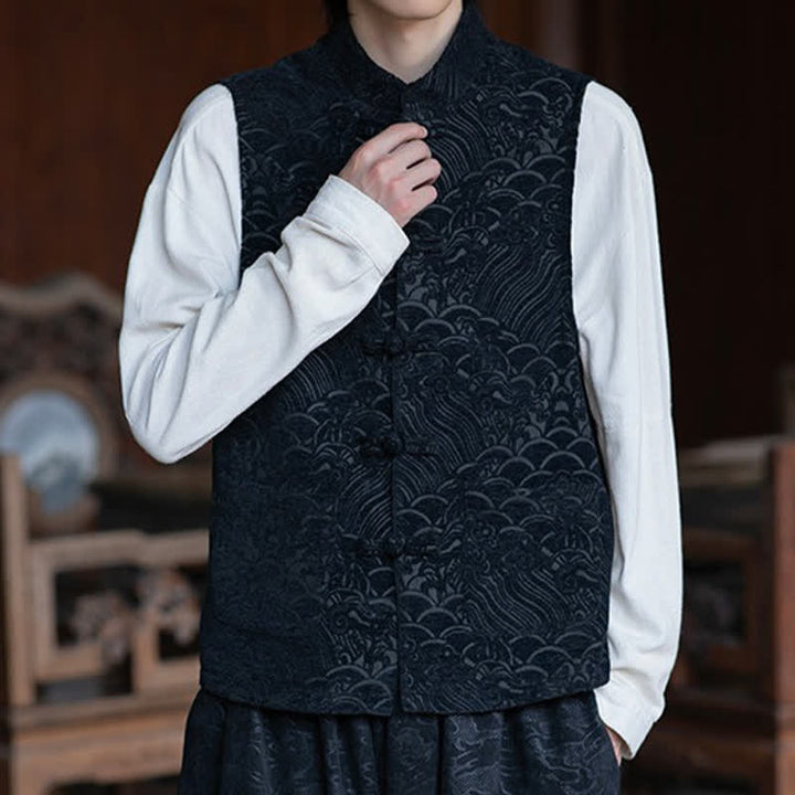 Buddha Stones Fall Tang Style Vintage Mandarin Collar Frog Button Abstract Jacquard Men's Sleeveless Shirts - image 3