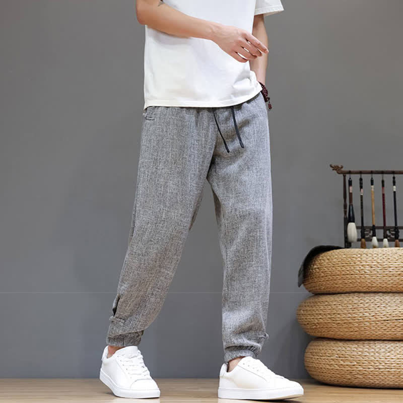 Buddha Stones Spring Summer Casual Minimalist Drawstring Elastic Waist Solid Cropped Pants Men's Tapered Pants With Pocket - image 5