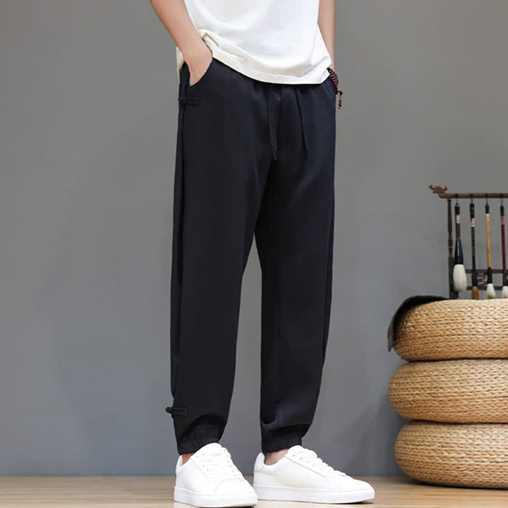 Buddha Stones Spring Summer Casual Minimalist Drawstring Elastic Waist Solid Cropped Pants Men's Tapered Pants With Pocket - image 19